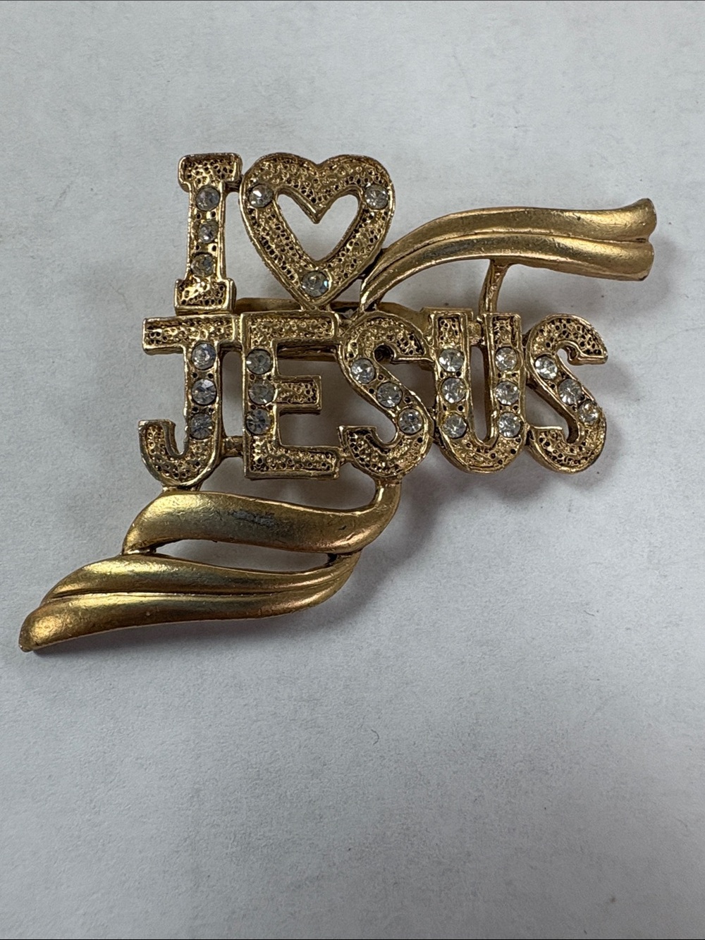 I ♥ Jesus Gold Tone Rhinestone Brooch